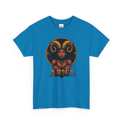 Aries Art Nouveau Tee — African American Woman with Ram Horns Zodiac Graphic