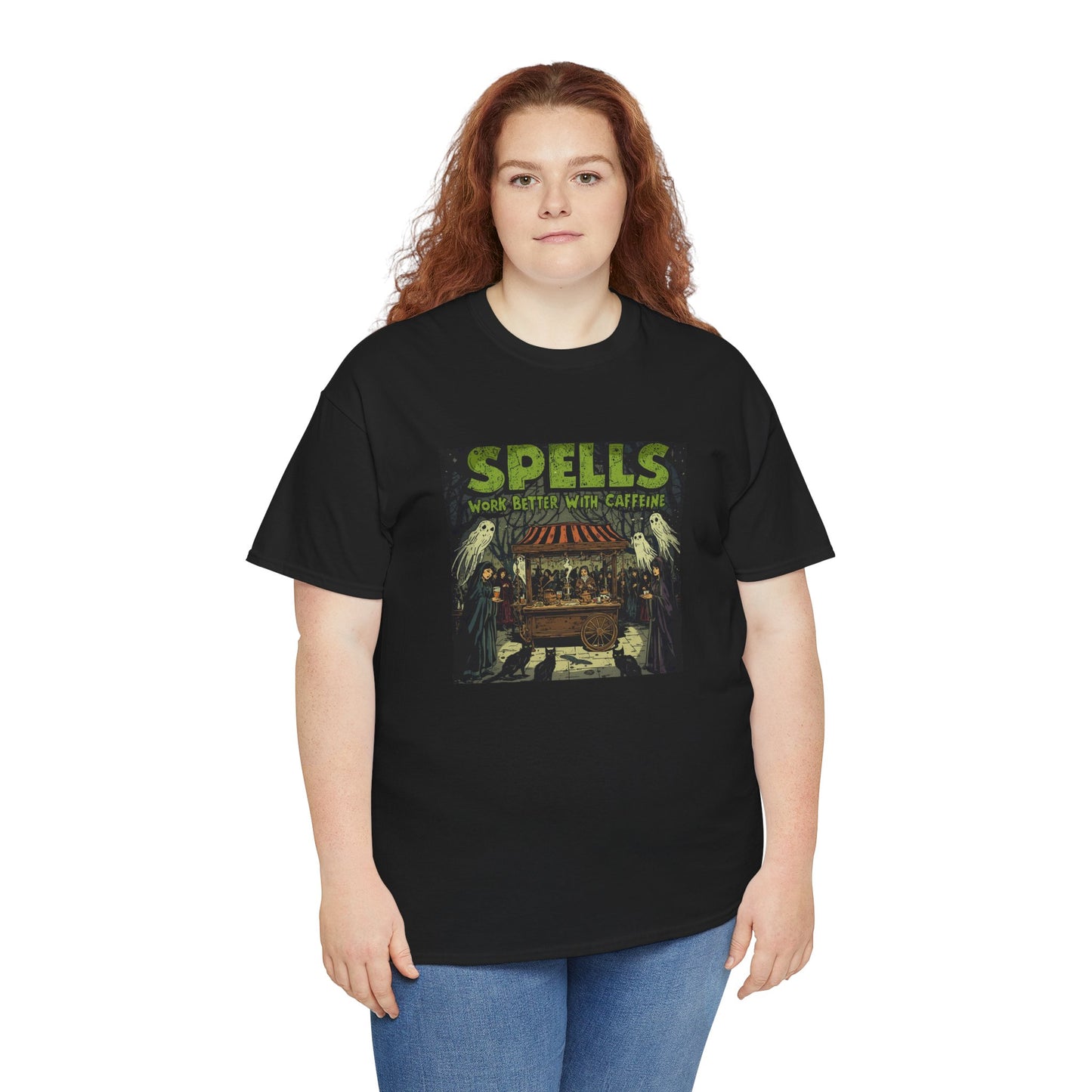 T-Shirt Spells Work Better with Caffeine Gothic Witches Animals Tee