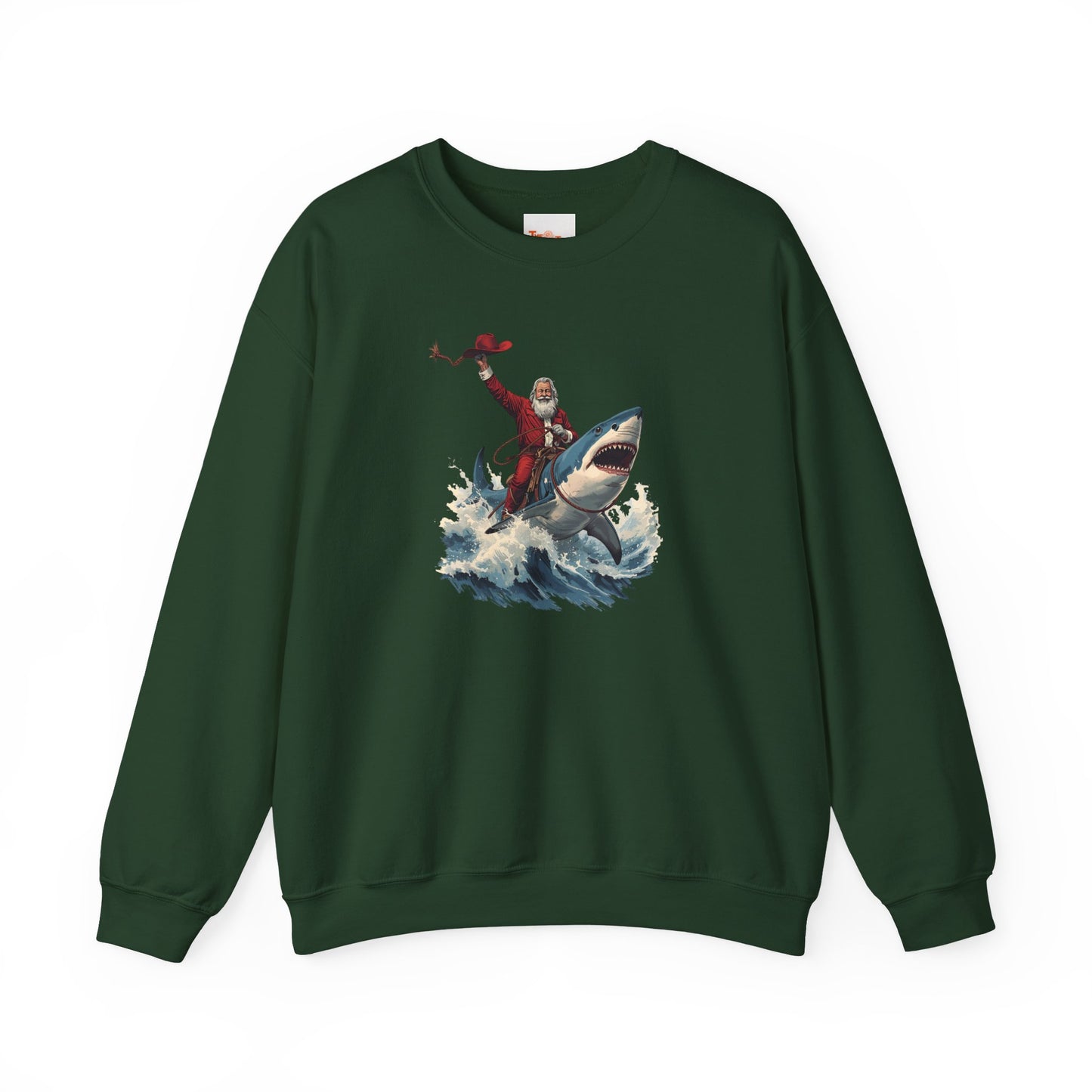 Santa Riding a Shark Sweatshirt — Funny Holiday Shark Claus Crewneck