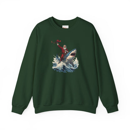 Santa Riding a Shark Sweatshirt — Funny Holiday Shark Claus Crewneck