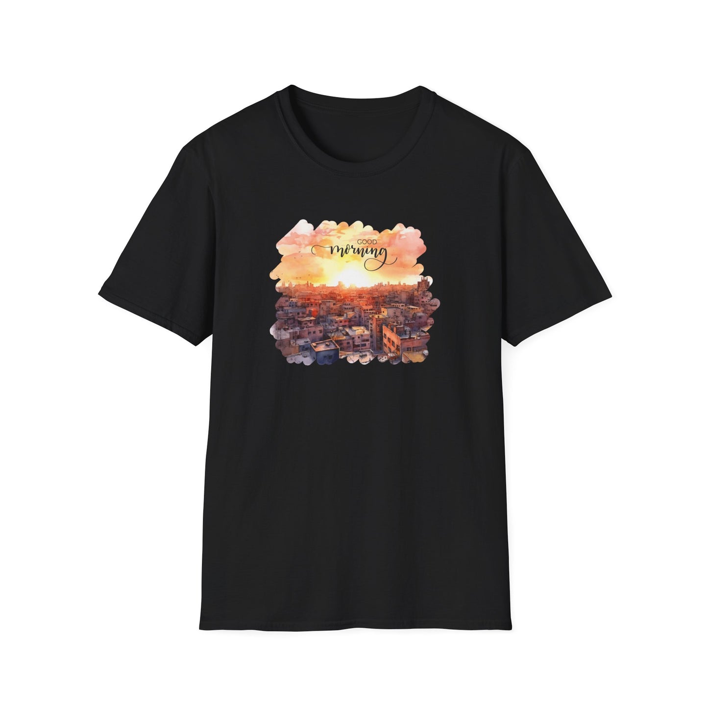 Cityscape Sunrise Unisex T-Shirt with 'Good Morning' Graphic