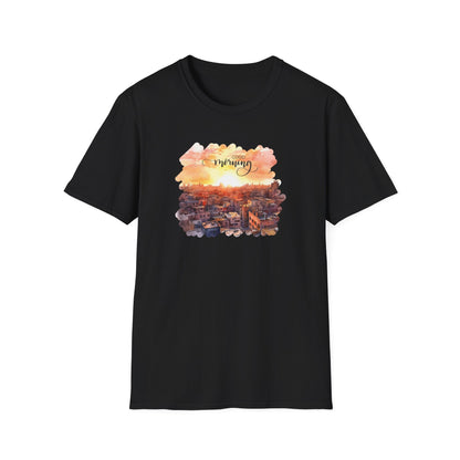 Cityscape Sunrise Unisex T-Shirt with 'Good Morning' Graphic