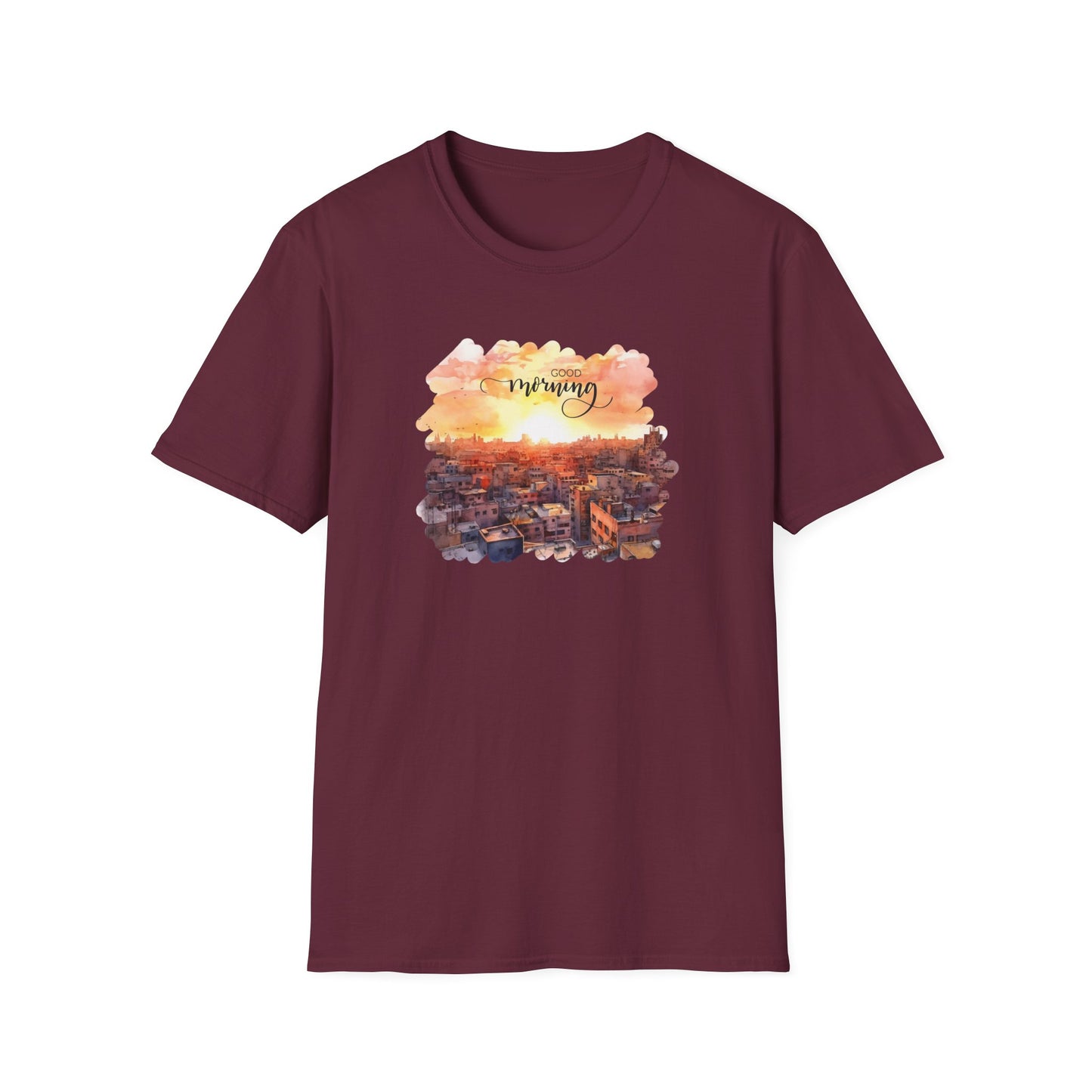Cityscape Sunrise Unisex T-Shirt with 'Good Morning' Graphic