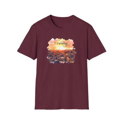 Cityscape Sunrise Unisex T-Shirt with 'Good Morning' Graphic