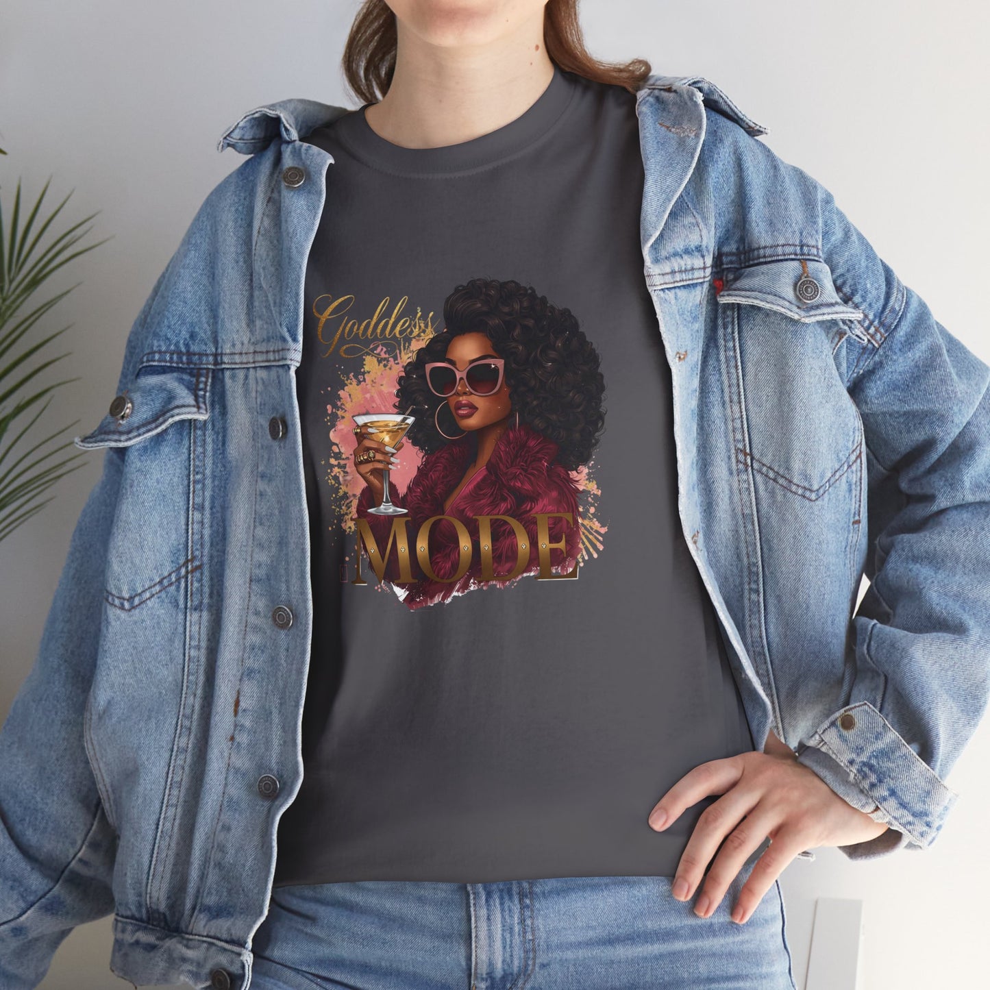 Goddess Vibes Tee — Black Woman in Burgundy Fur Holding Champagne