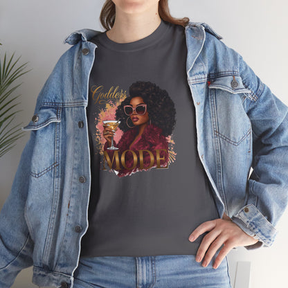 Goddess Vibes Tee — Black Woman in Burgundy Fur Holding Champagne