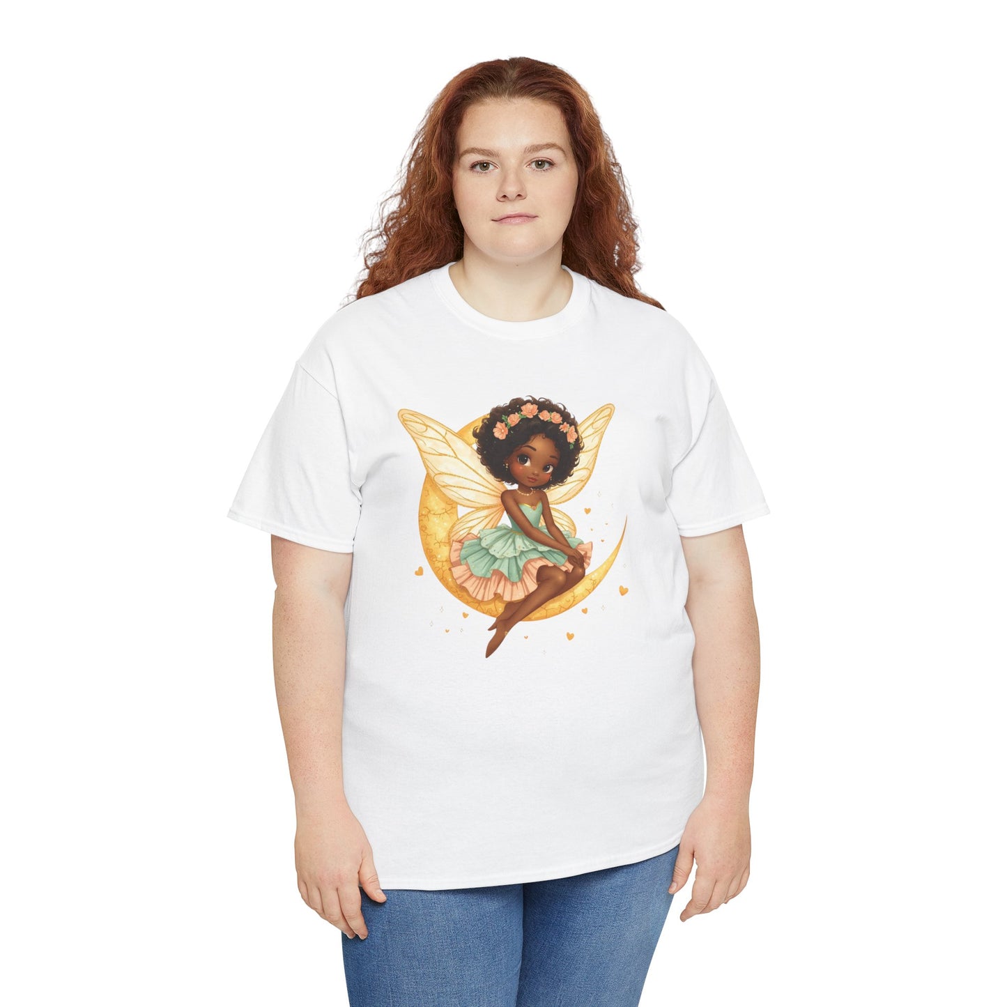 African American Fairy on Crescent Moon T-Shirt — Pink & Mint Fantasy Tee