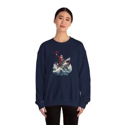Santa Riding a Shark Sweatshirt — Funny Holiday Shark Claus Crewneck