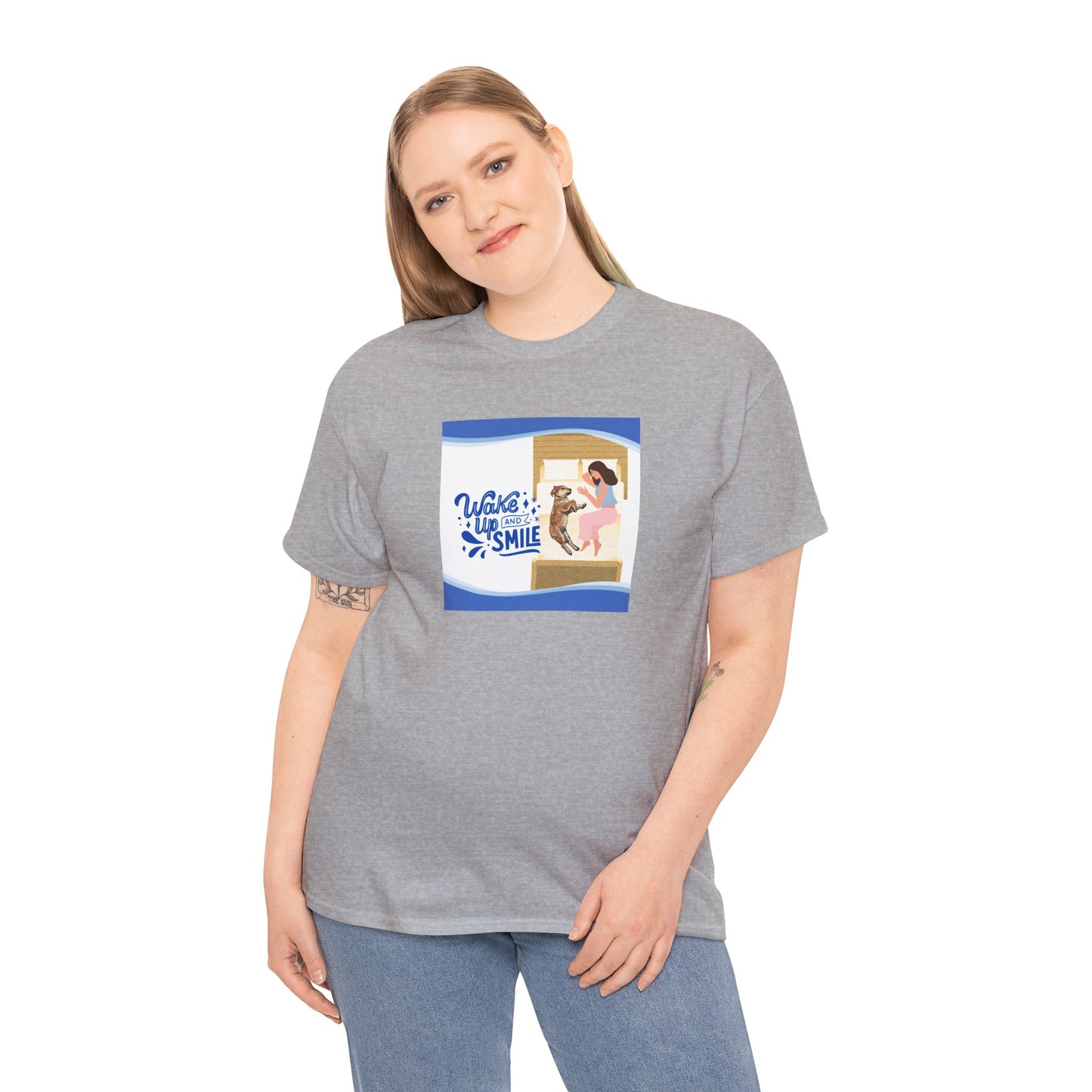 Graphic Tee - Wake up and Smile, Woman and Dog in Bed Design