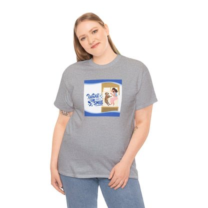 Graphic Tee - Wake up and Smile, Woman and Dog in Bed Design