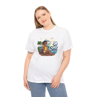 Ready to Set Sail T‑Shirt — Black Woman in Yellow Dress Pier & Cruise Ship Graphic