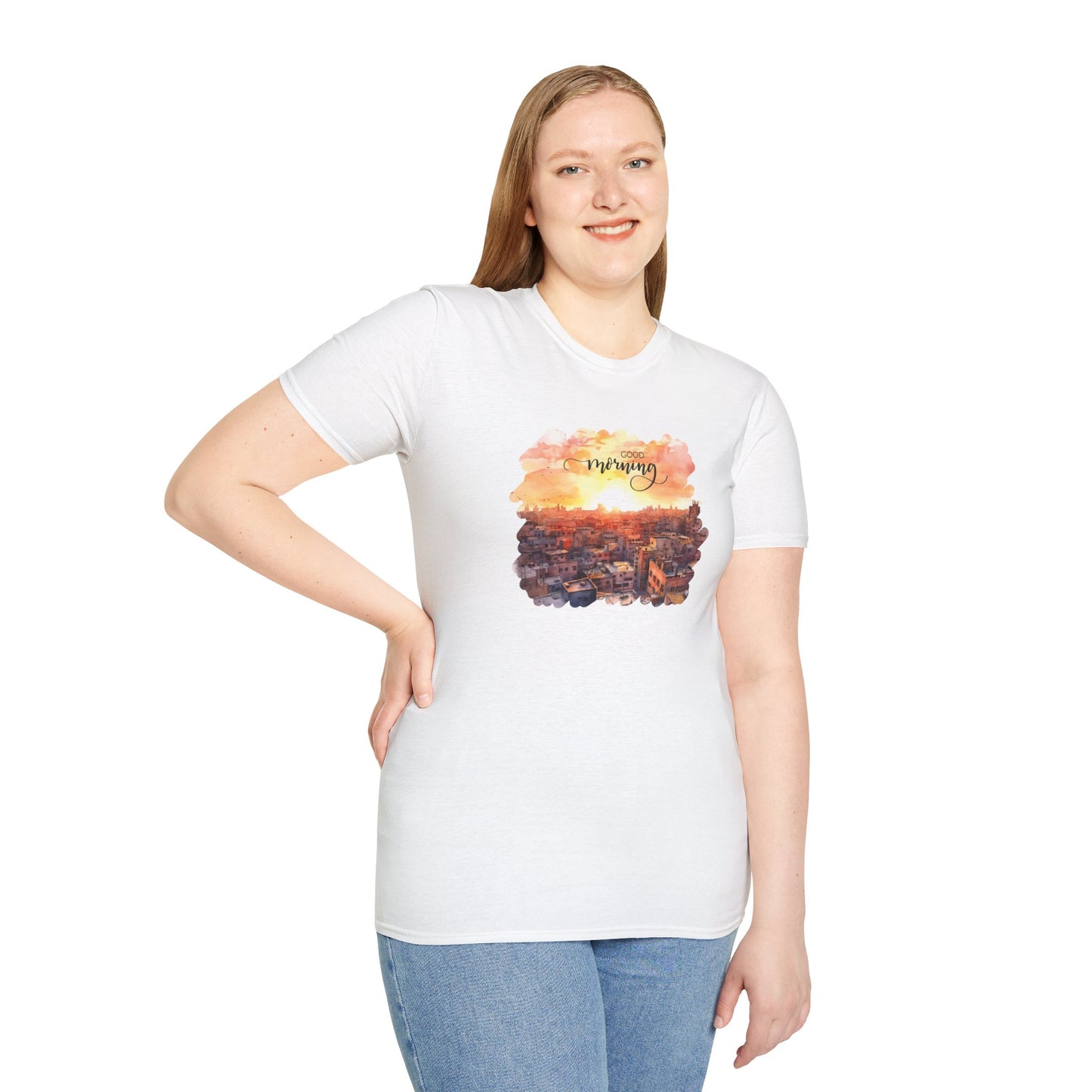 Cityscape Sunrise Unisex T-Shirt with 'Good Morning' Graphic