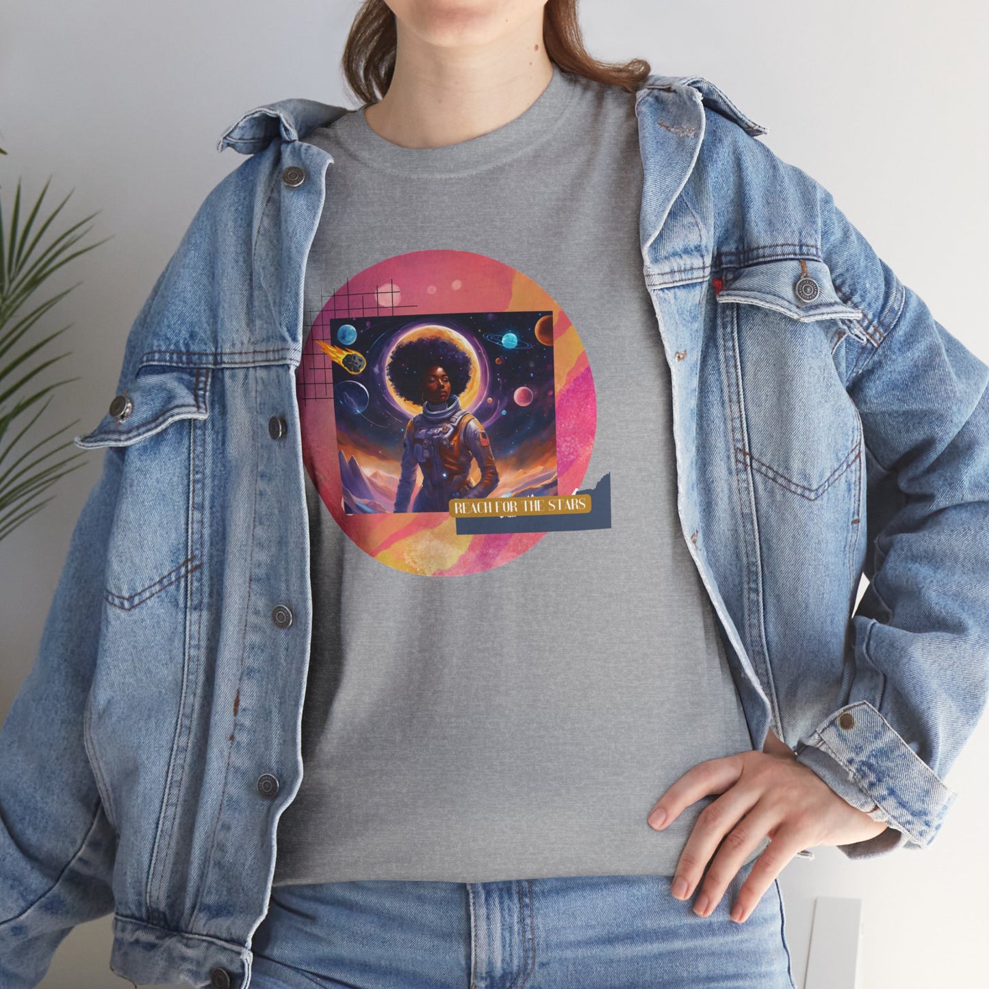 Graphic Tee - Reach for the Stars, Black Female Astronaut Design