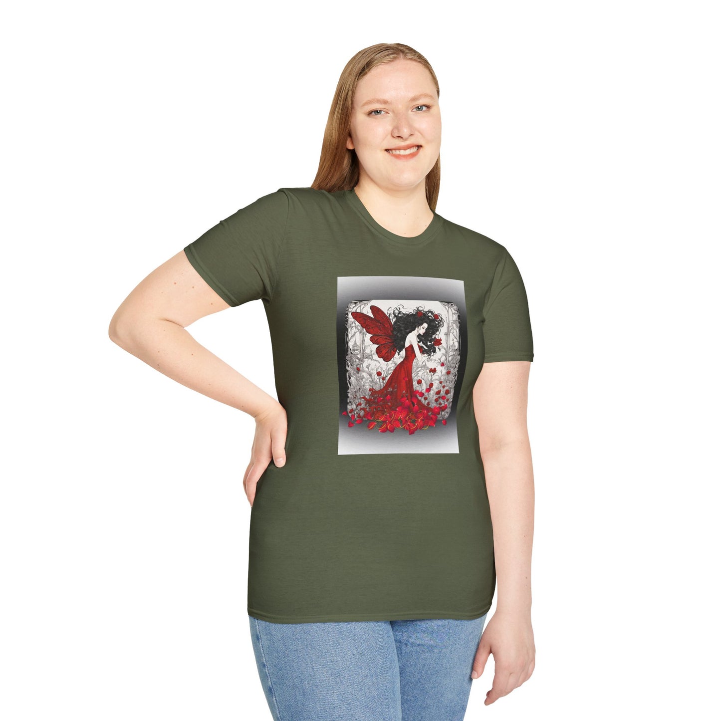 Rose Petal Dress T-Shirt — Dark-Haired Woman Graphic