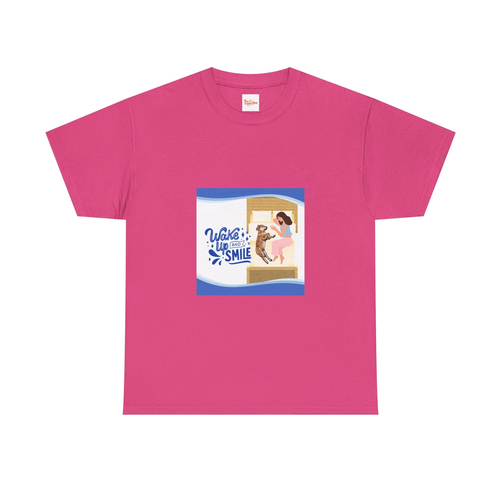 Graphic Tee - Wake up and Smile, Woman and Dog in Bed Design
