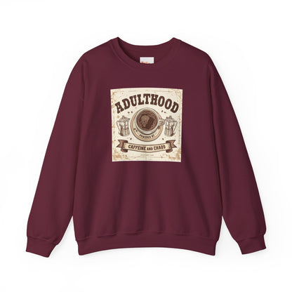 Adulthood Powered by Caffeine and Chaos Sweatshirt — Coffee & Old West Wanted Poster Graphic