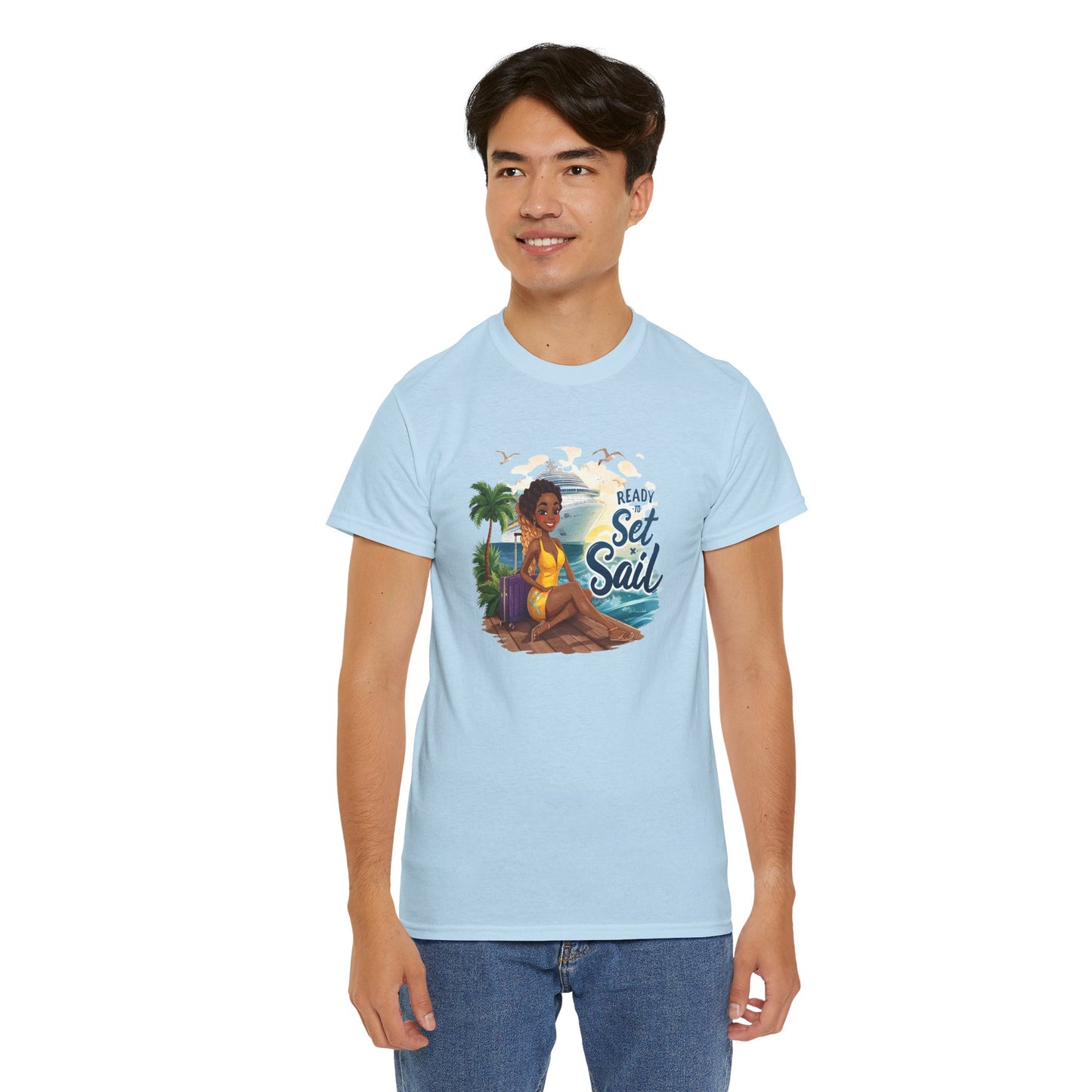 Ready to Set Sail T‑Shirt — Black Woman in Yellow Dress Pier & Cruise Ship Graphic