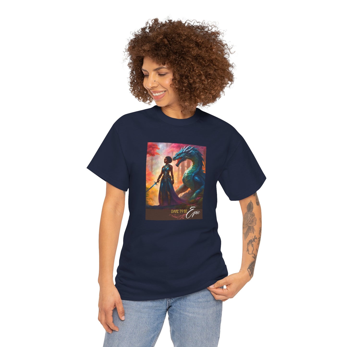 Warrior T-Shirt - Dare to be Epic, Black Woman with Dragon, Fantasy T-Shirt
