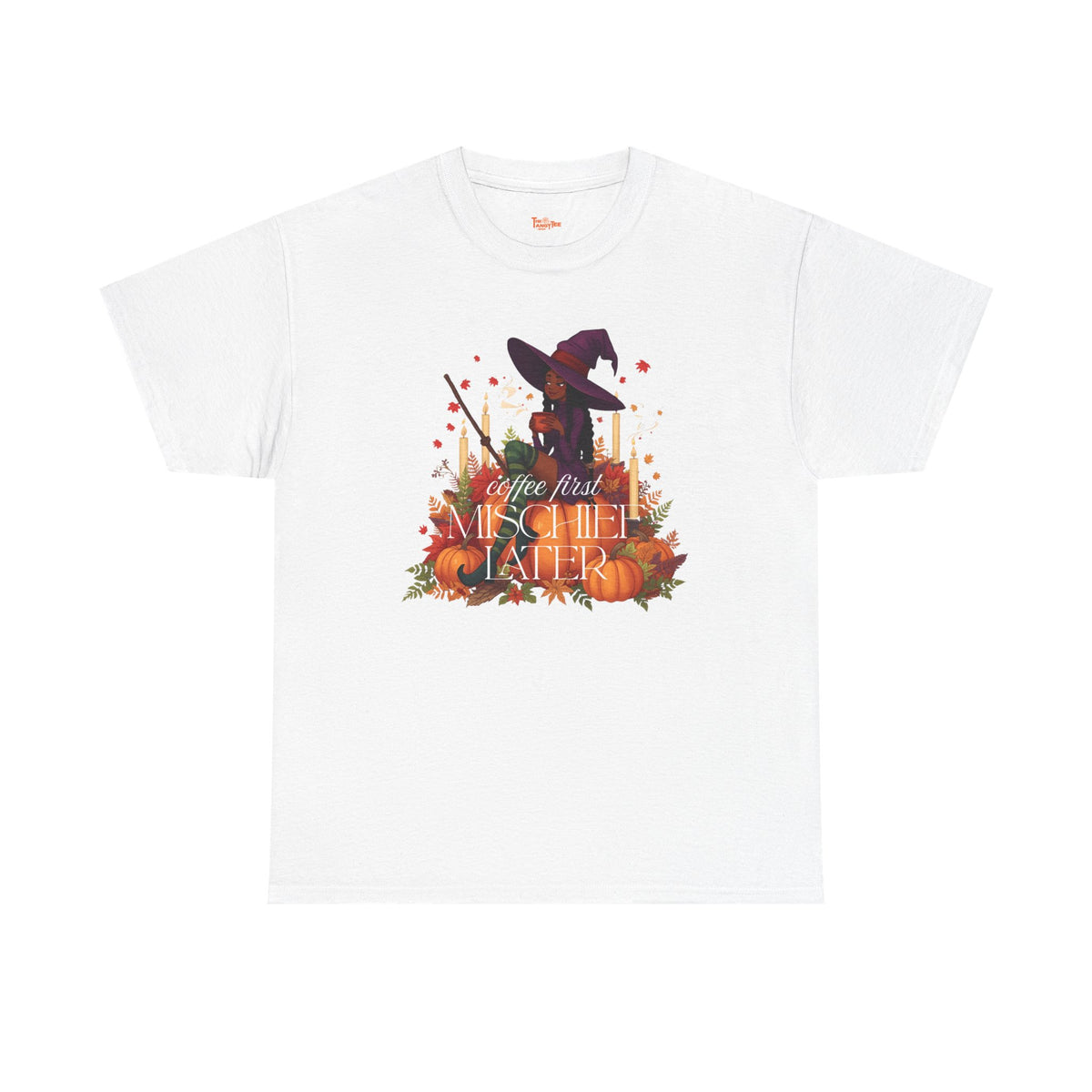 Witchy Pumpkin Patch Tee — "Coffee First, Mischief Later" Black Witch Latte Graphic