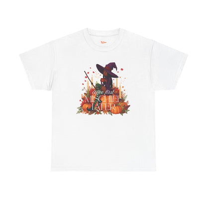 Witchy Pumpkin Patch Tee — "Coffee First, Mischief Later" Black Witch Latte Graphic
