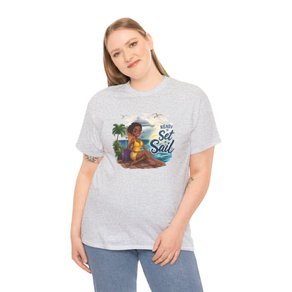 Ready to Set Sail T‑Shirt — Black Woman in Yellow Dress Pier & Cruise Ship Graphic