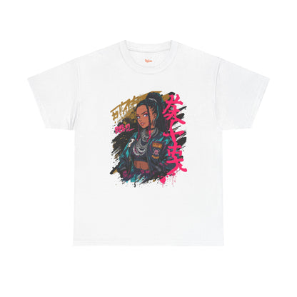 Rebel African American Anime Woman Graphic Tee — Graffiti & Asian Symbol Design