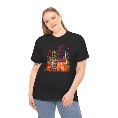 Witchy Pumpkin Patch Tee — "Coffee First, Mischief Later" Black Witch Latte Graphic
