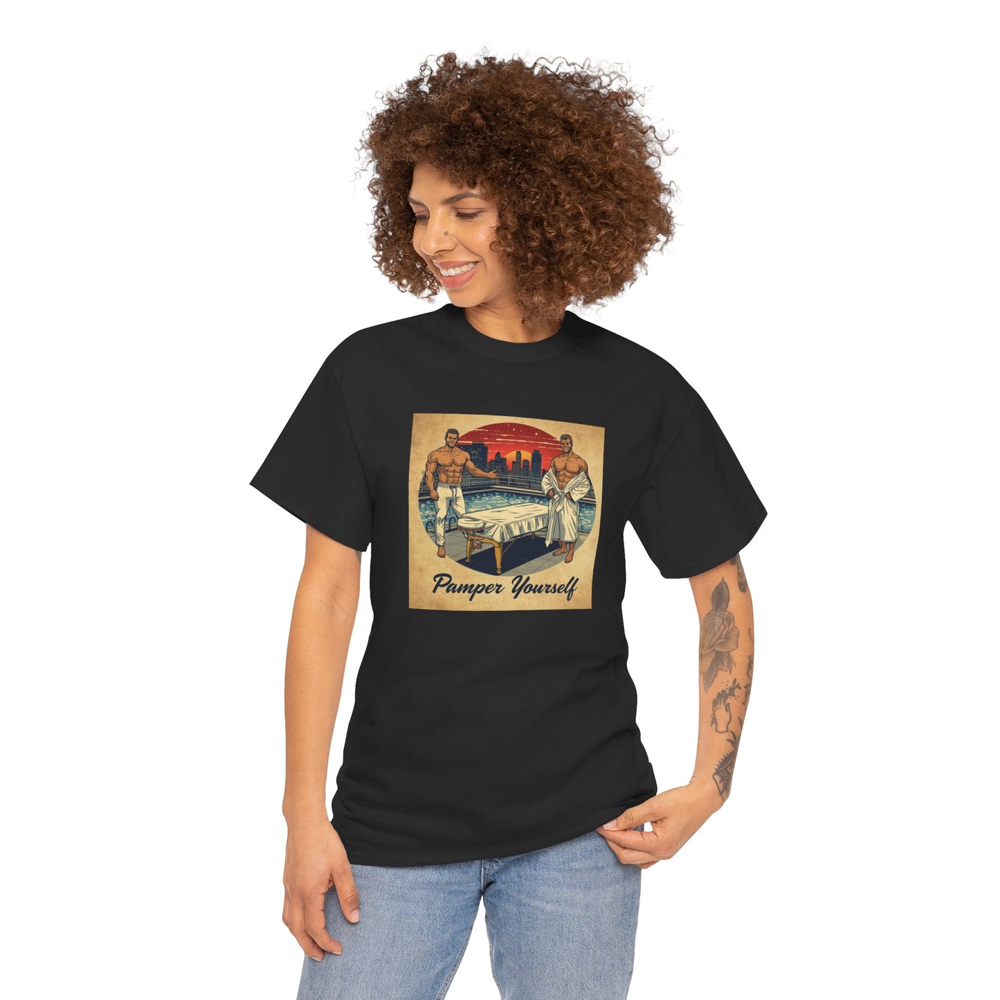 Pamper Yourself Rooftop Sunset Tee — Muscular Men Massage Graphic T-Shirt