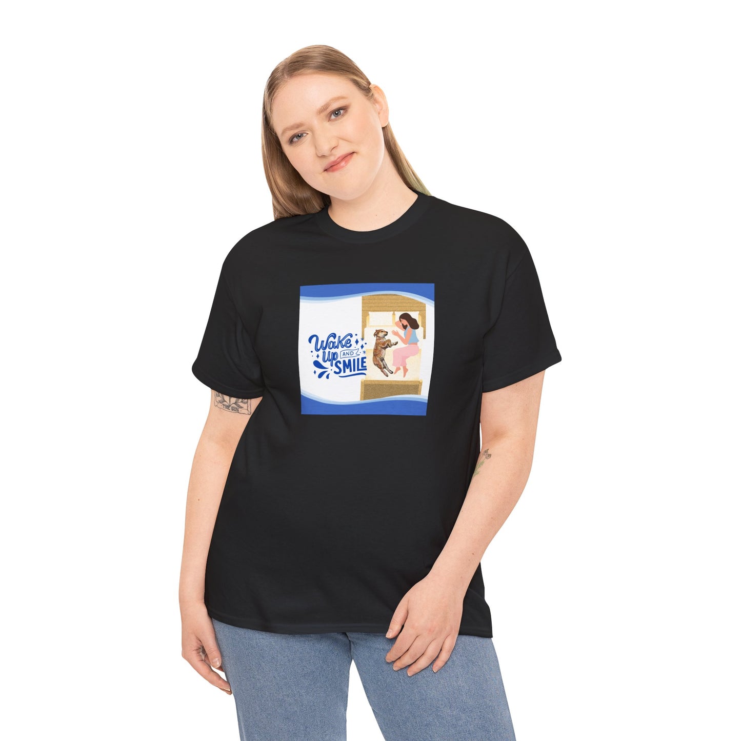 Graphic Tee - Wake up and Smile, Woman and Dog in Bed Design