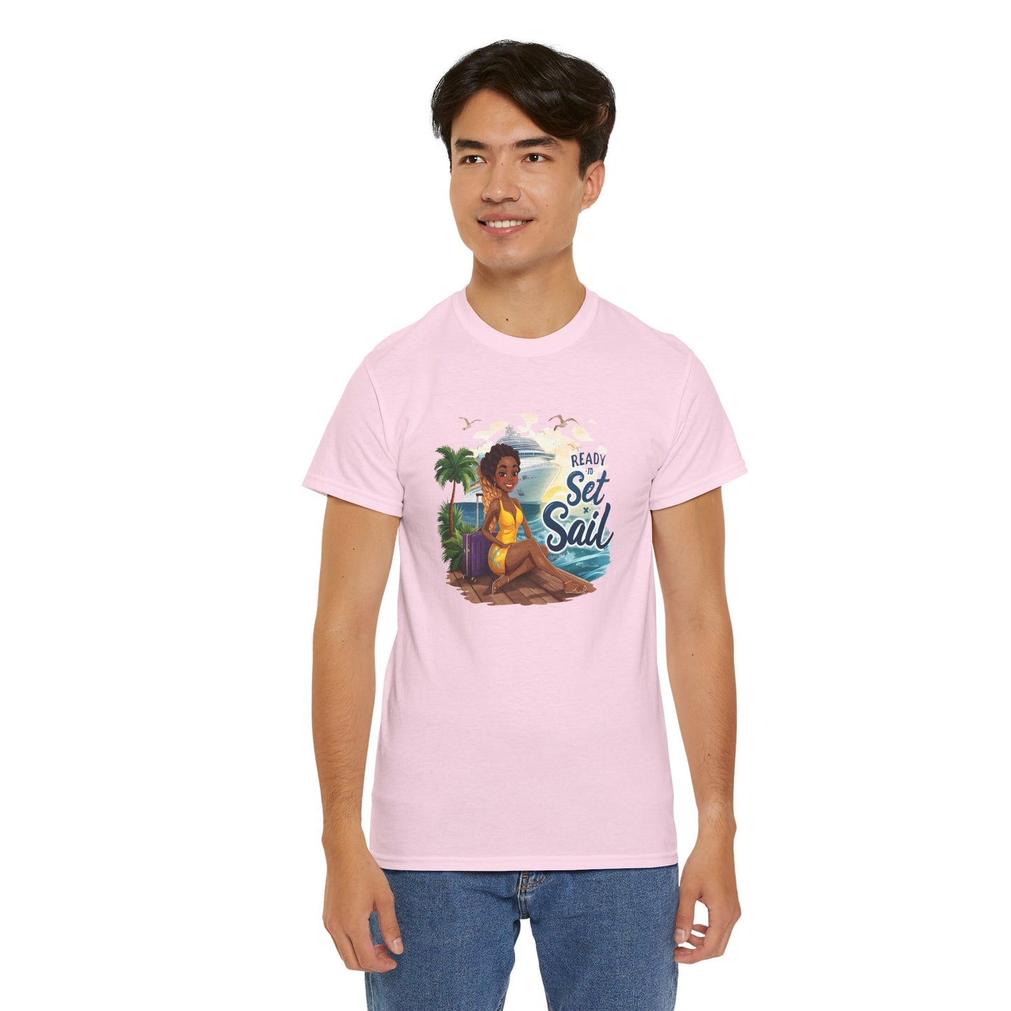 Ready to Set Sail T‑Shirt — Black Woman in Yellow Dress Pier & Cruise Ship Graphic
