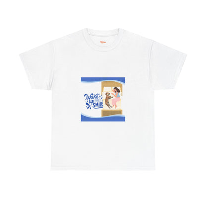 Graphic Tee - Wake up and Smile, Woman and Dog in Bed Design