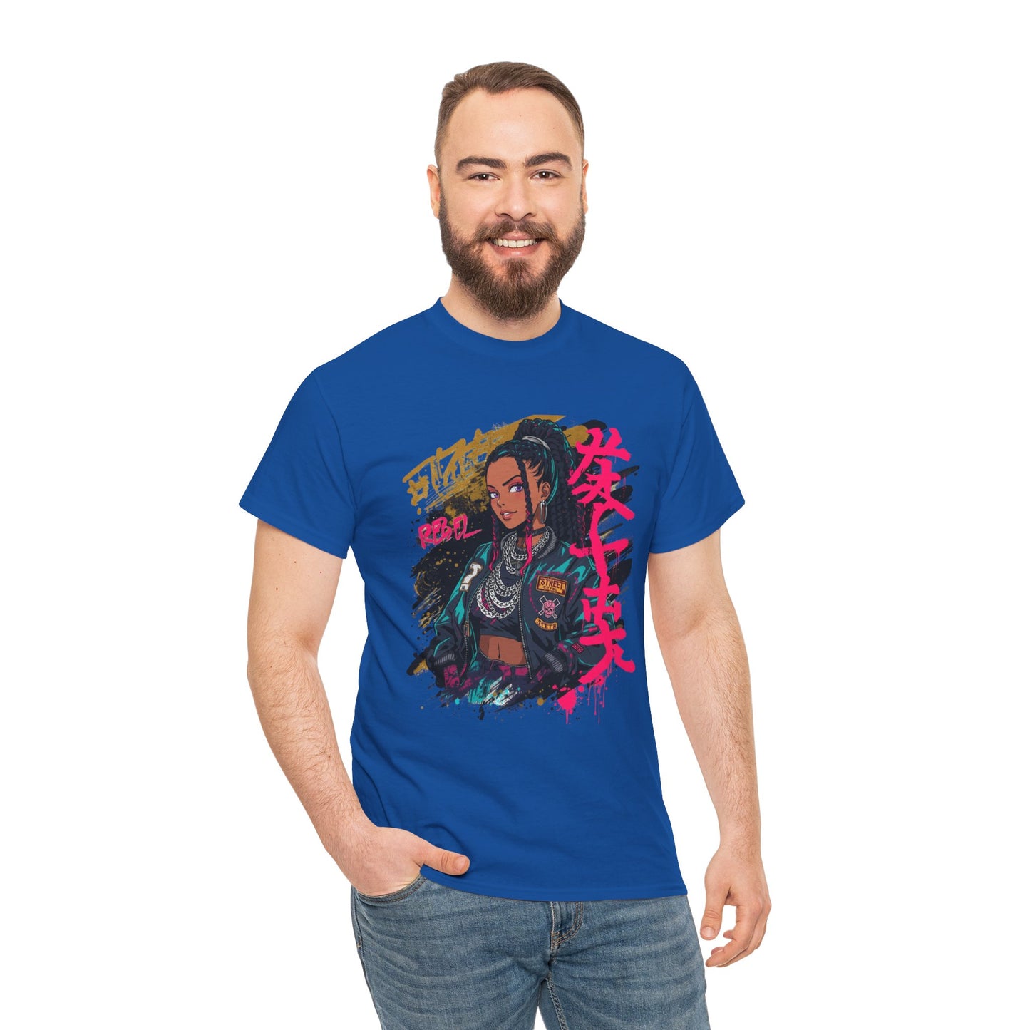 Rebel African American Anime Woman Graphic Tee — Graffiti & Asian Symbol Design